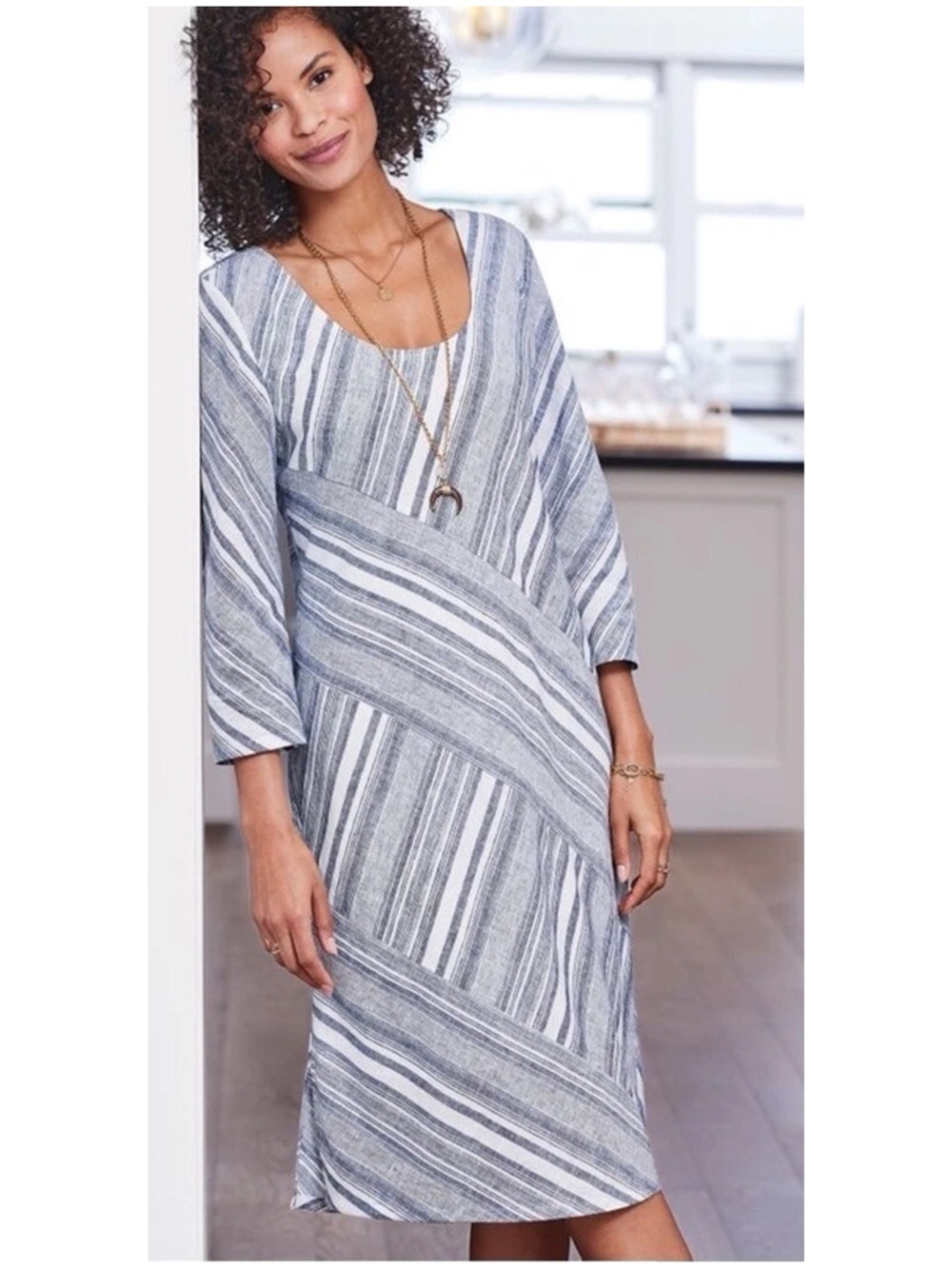 SOFT SURROUNDINGS Women’s Size SP Petite Blue‎ Ivory Striped Linen Sonya Dress